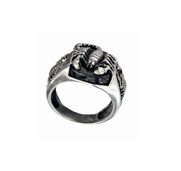 Signet ring men Scorpions and black stone